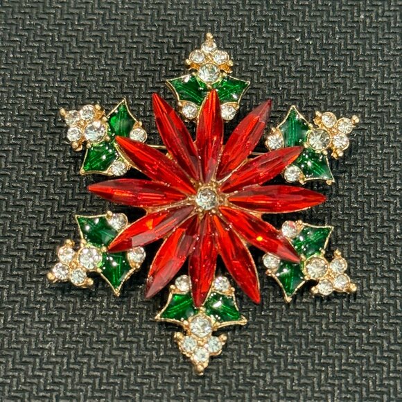 Christmas Holiday Poinsettia Rhinestone Brooch - Picture 1 of 4